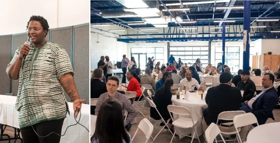 Two photos, one of a Black man in glasses speaking into a mic, the other of a large room full of professionals sitting at round tables.