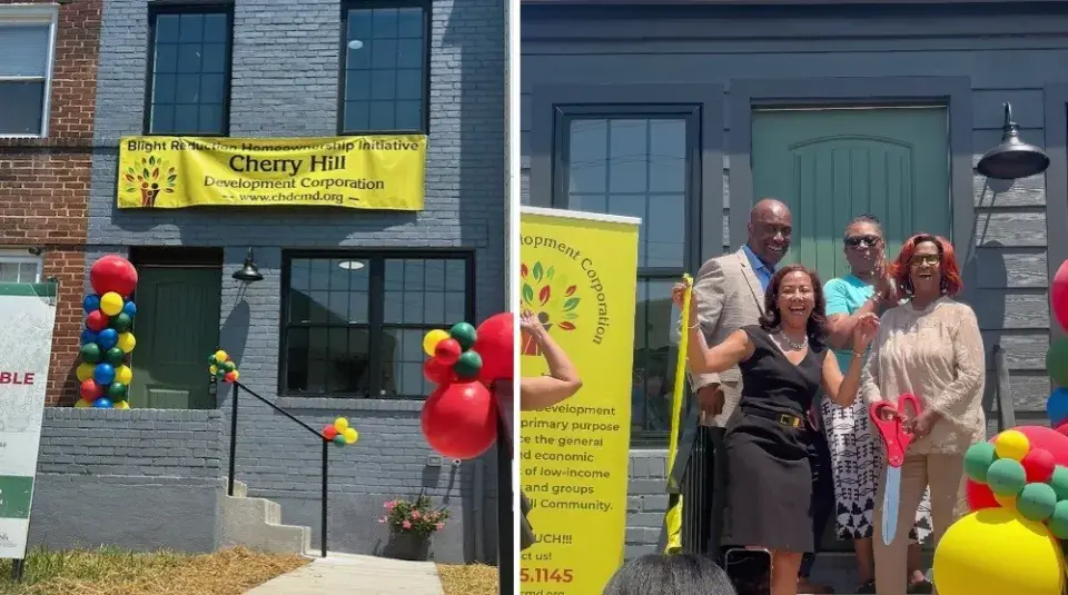 Two photos of newly renovated homeownership opportunities with CHDC staff celebrating with a ribbon cutting
