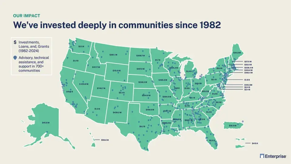 Enterprise's impact across the United States that shows the communities we've invested deeply since 1982