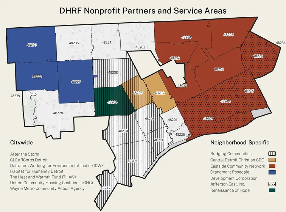 Map of the service areas of the Detroit Home Repair Fund shaded by zip code 