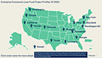 Map of the United States with location pins to denote Enterprise Community Loan Fund Project Profiles for YE 2024