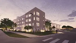 Rendering of Kings Crossing Village at dusk in Aurora's CentreTech neighborhood