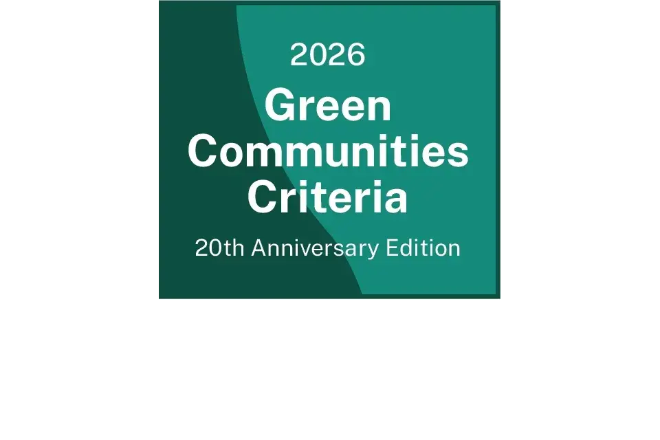 2026 Green Communities Criteria 20th Anniversary Edition on a green-colored background