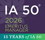 IA 50 2026 Emeritus Manager, 15 Years of IA 50 overlaid on a purple background with a green ombre bar at the bottom
