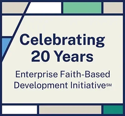 Celebrating 20 Years Enterprise Faith-Based Development InitiativeSM in navy text color on a background of a map illustration