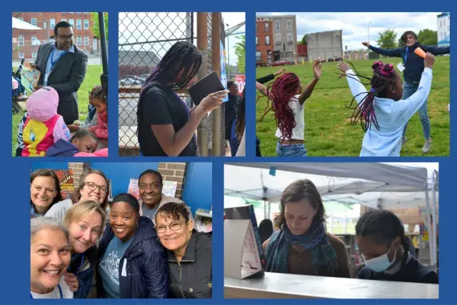 A collage of children and adults at the EWN 10th Anniversary Scholastic Book Fair in West Baltimore