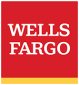 Wells Fargo in white text on a red square background with a gold bar at the bottom