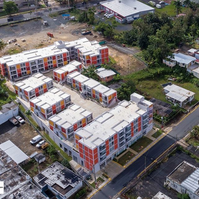 Aerial shot of damaged buildings in Puerto Rico