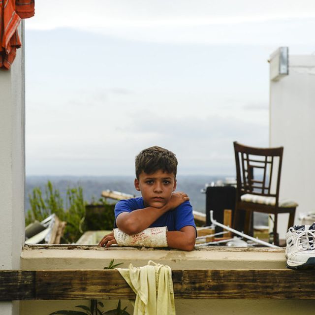 Jake Rios Torres, 9, after Hurricane Maria destroyed his home