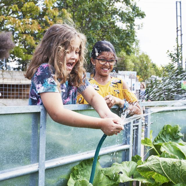 Three little girls watering a garden