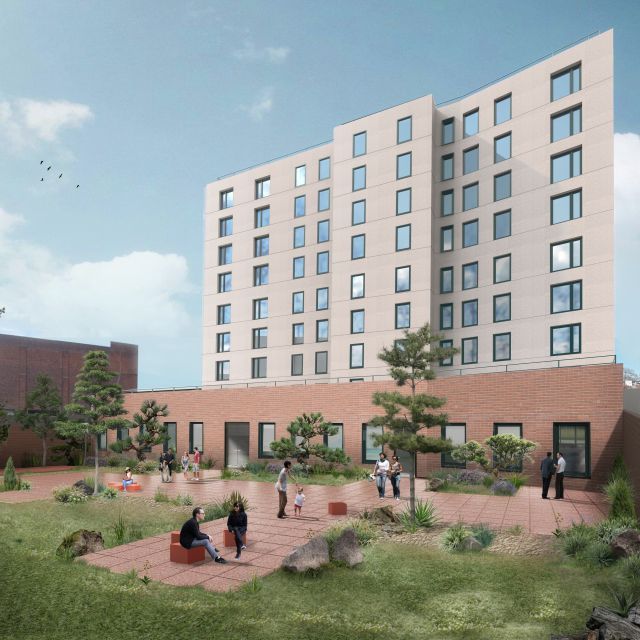 A rendering of a Green Communities-certified multifamily affordable housing under development with residents enjoying the property's courtyard.