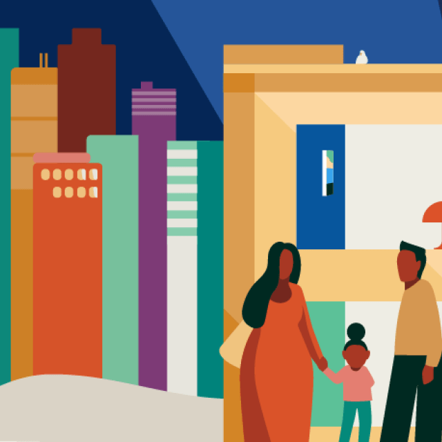 A mural of a family standing outside of an apartment building. The words Enterprise New York Gala next to them on the right.