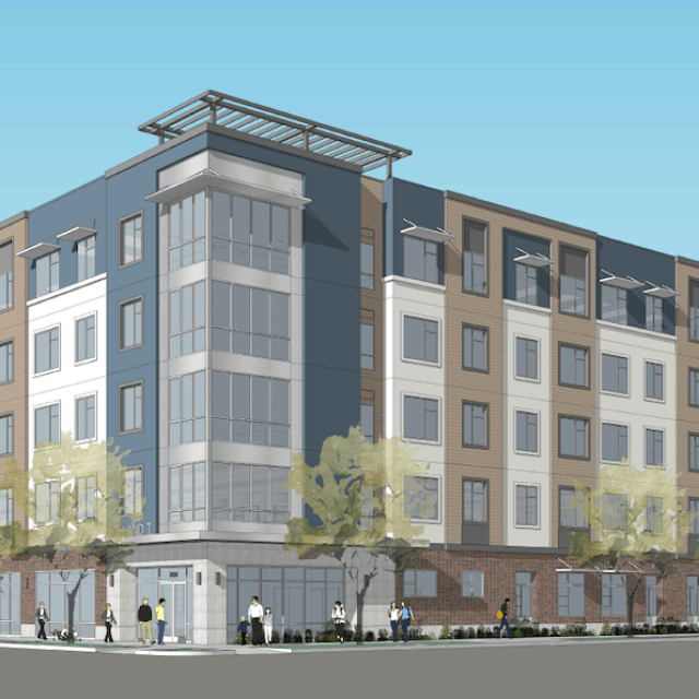 Rendering of blue, gray, tan apartment building