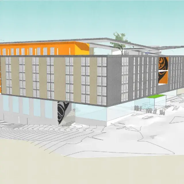 Digital rendering of a modern, multi-story building with a rectangular form. The exterior features orange, beige, and gray panels, large glass windows on the ground floor, and Indigenous artwork on two upper-story walls. A rooftop garden and open plaza space with people are visible.