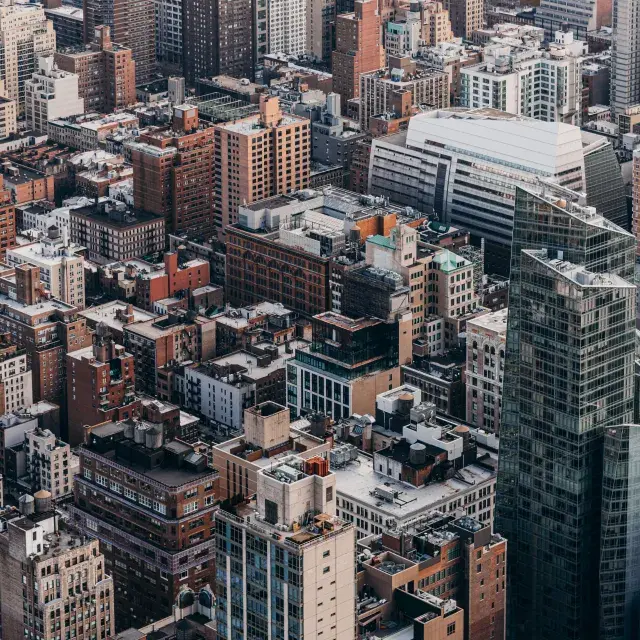 Manhattan skyline showing density of tall brown buildings