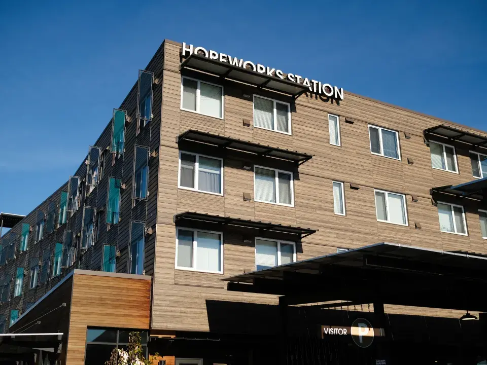 Skyward view of HopeWorks Station North apartment building 