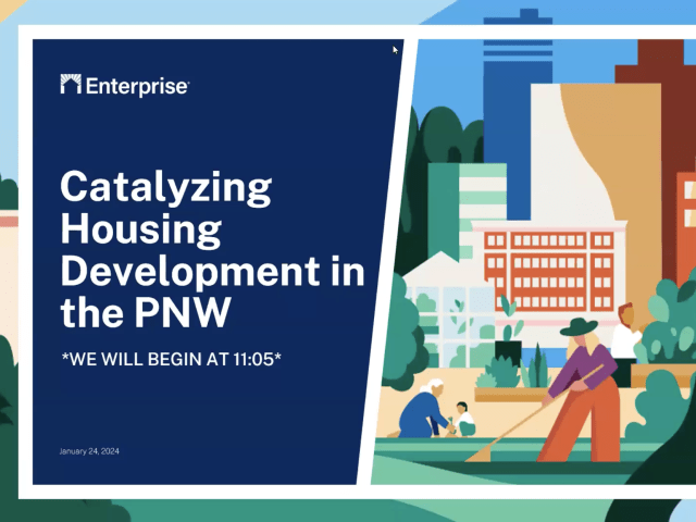 Catalyzing Housing Development in the PNW with an illustration of people at a park surrounded by tall buildings