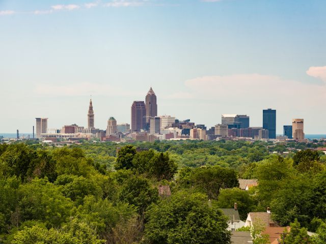 City skyline with treetops from parks and neighborhoods in the foreground