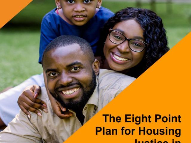 A man, woman, and child on the cover of the Eight-point Plan for Housing Justice in Cuyahoga County  report