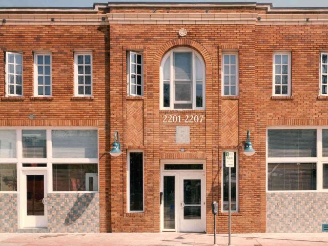 Entrance of a brick apartment building